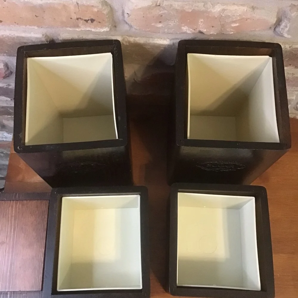 VINTAGE 60’s 70’s MCM Flour Sugar Tea Coffee Square Wooden Canister Set